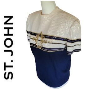 St. John Cream Gold Navy Sequined Embroidered Santana Knit Short Sleeve Sweater